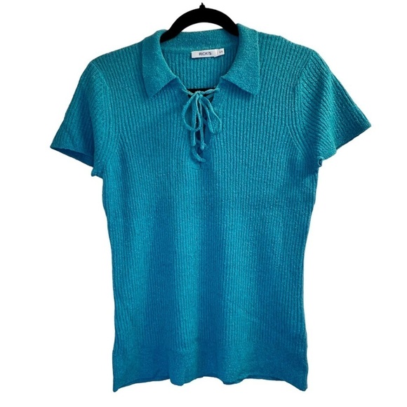 Ricki's Lace-Up Henley Short Sleeve Sweater Size L - Picture 4 of 9